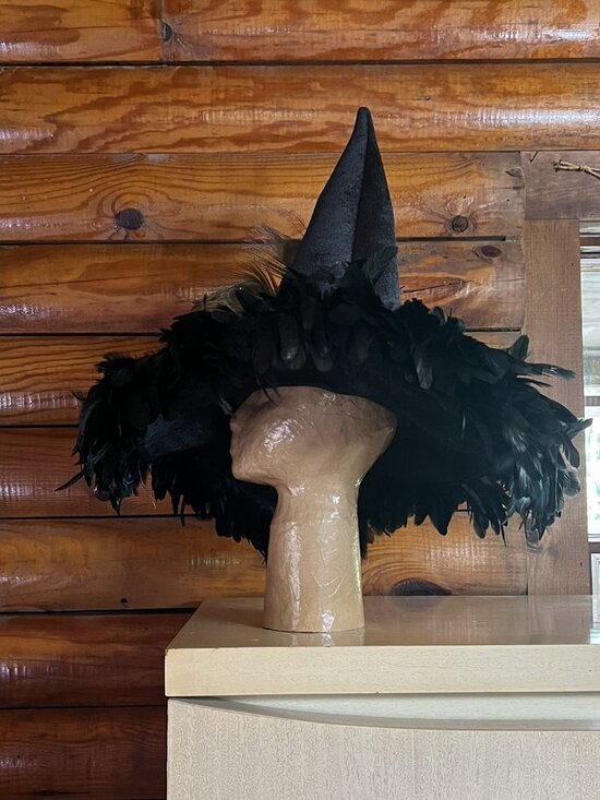 One-of-a-Kind Handmade Felt Witch\'s Hat with Nest of Feathers & Raven/Crow